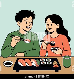Young couple eating sushi and romantic dinner date in cartoon style holding chopsticks and enjoying fresh rolls Stock Vector