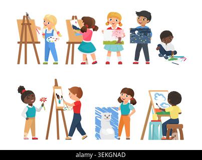 Collection of children painting at easels, holding finished artwork, and sketching with crayons in a creative classroom scene, isolated on white background vector illustration Stock Vector