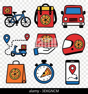 Bicycle pizza delivery linear icons set with helmet backpack box timer and navigation map pins Stock Vector
