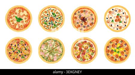 Collection of eight assorted pizzas with cheese, pepperoni, olives, vegetables, seafood, and herbs in top view, isolated on white background vector illustration Stock Vector