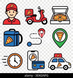 Pizza delivery service flat icons set with scooter courier map pin fast food box auto and clock Stock Vector