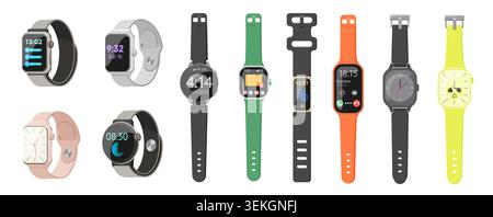Modern realistic smart watch set with multiple wearable designs, digital screens, fitness trackers, and colorful wristbands, isolated on white background vector illustration Stock Vector