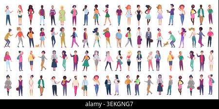 Large collection of diverse men and women in casual and business outfits, standing, walking, talking, shopping, and posing, isolated on white background vector illustration Stock Vector