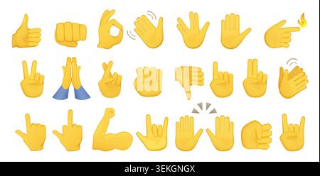Collection of yellow hand emoji gestures showing thumbs up, fist, okay, waving, peace, praying, pointing, flexing, and sign symbols isolated on white background vector illustration Stock Vector