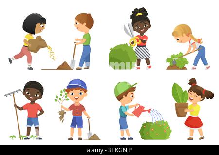 Children gardening together with watering can, shovel, rake, seeds, shrubs and potted plant, including a black girl trimming bushes, isolated on white background vector illustration Stock Vector