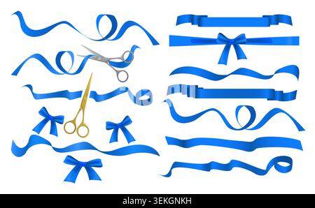 Collection of blue realistic ribbons, bows, banner strips, and scissors for gift wrapping, decoration, celebration, and design elements isolated on white background vector illustration Stock Vector