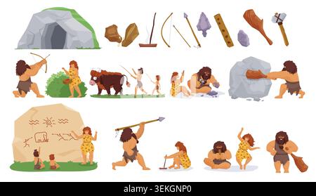 Collection of primitive people, cave dwelling, hunting, stone carving, rock painting, ancient tools, cavemen, women in daily prehistoric scenes isolated on white vector illustration Stock Vector