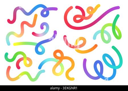 Colorful abstract curved line collection with gradient rainbow strokes, playful squiggles and looping shapes, isolated on white background vector illustration Stock Vector
