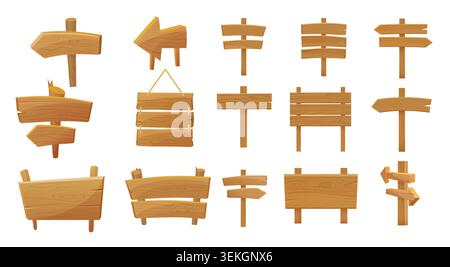 Collection of rustic wooden signboards, arrows, hanging plaques and blank pointer boards for navigation, notice or decoration, isolated on white background vector illustration Stock Vector