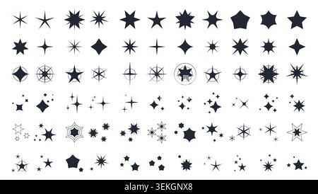 Collection of decorative star shapes, sparkle symbols, celestial icons, and geometric bursts for design, branding, holiday graphics, and logo elements isolated on white background vector illustration Stock Vector