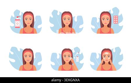 Flat skincare sequence showing woman with acne, medicine, pills, cleansing and cream application, before and after results, isolated on white background vector illustration Stock Vector