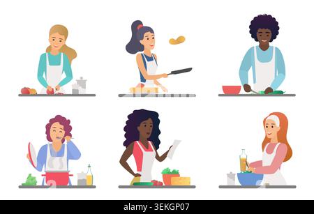 Set of women preparing food in kitchen scenes, chopping vegetables, frying pancakes, stirring soup and mixing salad. Diverse home cooking characters isolated on white background vector illustration Stock Vector