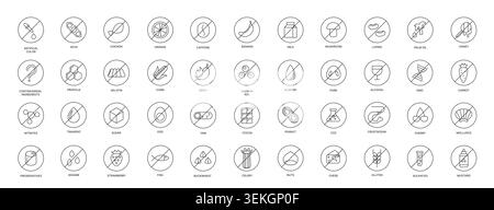 Minimal line icon collection showing allergen free and restricted food labels, including milk, nuts, gluten, soy, shellfish, honey, fruit and additives isolated on white background vector illustration Stock Vector