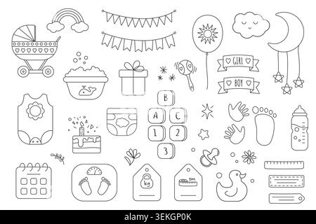 Baby metric line doodle set with stroller, rainbow, gift, bottle, blocks, pacifier, duck, moon, cloud, footprints and nursery elements isolated on white background vector illustration Stock Vector