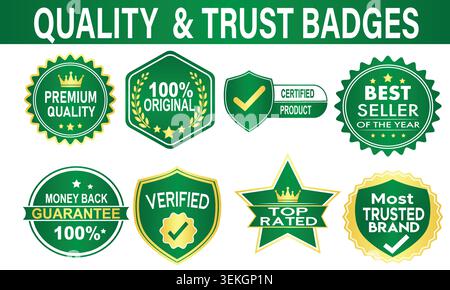 Premium Green and Gold Quality Trust Badges Set Vector Certified Product Guarantee Stamp 100 Percent Original Best Seller Top Rated Verified Stock Vector