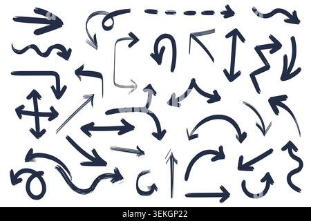 Hand drawn arrow set with curved, straight, dashed, looping and directional symbols for design, navigation, infographic and annotation use isolated on white background vector illustration Stock Vector