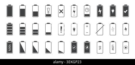 Hand drawn battery icons doodle set showing charge levels, low power, charging, plug, lightning, warning, full and empty symbols isolated on white background vector illustration Stock Vector