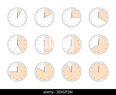 Set of twelve analog clock faces with shaded time intervals, showing different durations, schedules, countdown concepts, and hourly progress isolated on white background vector illustration Stock Vector