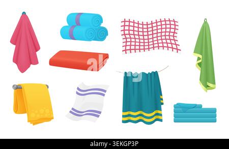 Collection of colorful bath towels, folded linens, hanging cloths and fabric pieces for bathroom, spa or laundry themes, isolated on white background vector illustration Stock Vector
