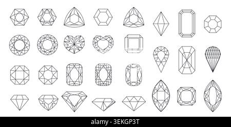 Collection of elegant diamond and gemstone outline doodles featuring assorted cuts, facets, rings, hearts, ovals, and emerald shapes isolated on white background vector illustration Stock Vector