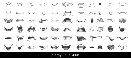 Hand drawn cartoon mouth doodle set with smiling, laughing, open, closed, tongue and teeth expressions in simple outline style, isolated on white background vector illustration Stock Vector