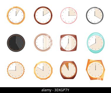 Set of decorative wall clock faces in assorted round and geometric frames, showing different times and styles, isolated on white background vector illustration Stock Vector