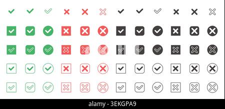 Collection of green, red and black UI checkmarks, cross symbols in square, rounded, and circle styles for approval, rejection, validation and interface design isolated on white vector illustration Stock Vector