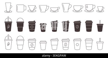 Collection of coffee cup line doodle icons featuring mugs, teacups, takeaway cups, and cafe drink containers in outline and solid styles isolated on white background vector illustration Stock Vector