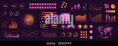 Collection of colorful user interface elements with charts, graphs, sliders, buttons, icons, calendar, map, and analytics widgets isolated on dark background vector illustration Stock Vector