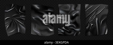 Set of glossy black crumpled latex sheets with realistic folds, wrinkles, reflections, and dark abstract surface detail for modern design, packaging, backdrop use isolated on dark vector illustration Stock Vector