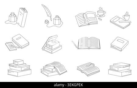 Hand drawn books line doodle set with open and closed volumes, stacked textbooks, notebook, pen, coffee cup, ink bottle and feather, isolated on white background vector illustration Stock Vector