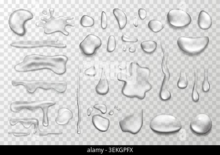 Realistic transparent water drops, splashes, drips and liquid blobs collection with glossy highlights and shadow effects for design overlays, isolated on transparent background vector illustration Stock Vector