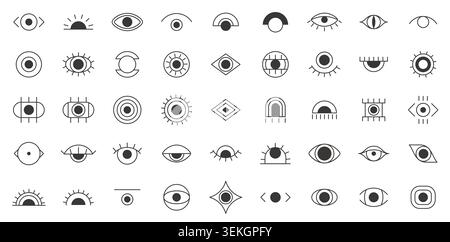 Collection of hand drawn eye icons and abstract vision symbols in minimal line style, featuring assorted shapes and decorative elements isolated on white background vector illustration Stock Vector