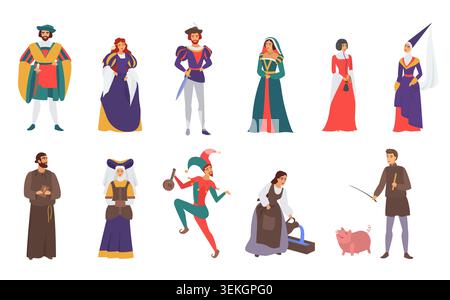 Collection of medieval people in historical costumes including nobleman, ladies, monk, jester, maid and peasant figures isolated on white background vector illustration Stock Vector