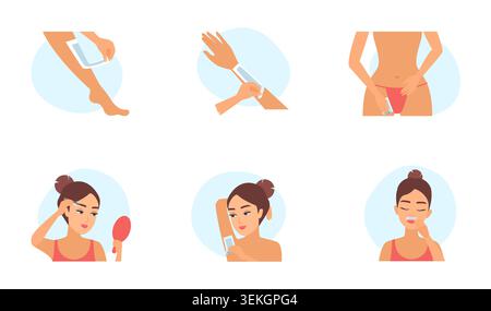 Flat beauty set showing woman removing body and facial hair on legs, arms, bikini area, underarms, and face, isolated on white background vector illustration Stock Vector