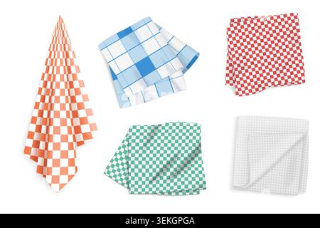 Collection of realistic folded and hanging kitchen towels with colorful checkered and grid fabric designs for cleaning, drying, and household use isolated on white background vector illustration Stock Vector