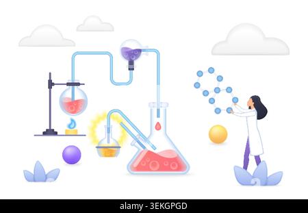 Scientific chemistry volumetric lab scene with female researcher, glass flasks, tubes, burner, molecules and liquid experiment setup isolated on white background vector illustration Stock Vector