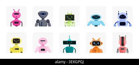 Collection of colorful chatbot robot avatars with cute futuristic assistant faces, friendly AI character icons for app, web, support, and technology branding isolated on white vector illustration Stock Vector
