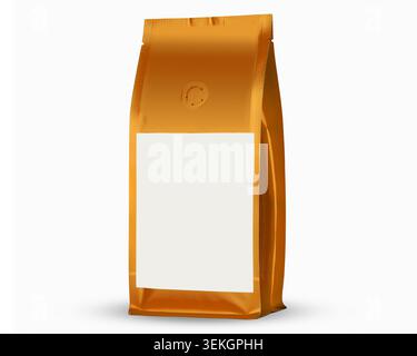 Golden coffee packaging pouch with blank white label Stock Photo