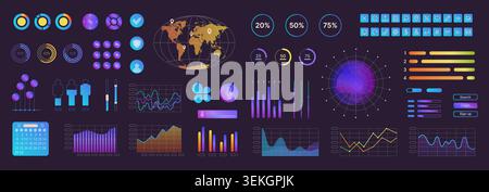 Colorful user interface elements set with charts, graphs, buttons, icons, calendar, map, and analytics widgets for dashboard, app, and web design isolated on dark background vector illustration Stock Vector