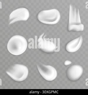 Collection of realistic glossy cream drops, lotion smears, cosmetic blobs and white dairy splashes in realistic style, isolated on transparent backdrop for packaging and design vector illustration Stock Vector