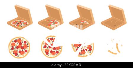 Sequence of pizza in open box from whole pie to empty carton with slices disappearing and crumbs remaining, top view food concept isolated on white background vector illustration Stock Vector
