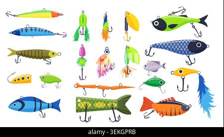 Colorful fishing lures set with hooks, spoons, crankbaits, jigs, wobblers and bait designs for angling, tackle and sport fishing themes isolated on white background vector illustration Stock Vector