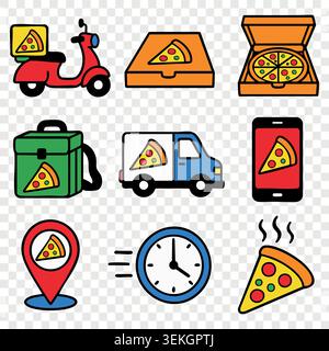 Mobile pizza ordering and transport icons set with truck scooter clock and backpack symbol Stock Vector