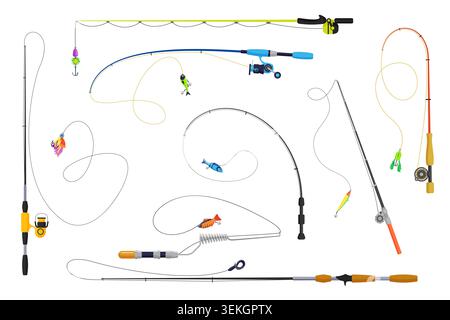 Collection of fishing rods, reels, lines, hooks, and colorful lures arranged as tackle equipment icons for angling and sport fishing isolated on white background vector illustration Stock Vector