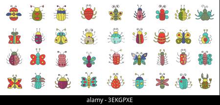 Collection of cute colorful flat line insects and bugs in playful cartoon style, featuring beetles, butterflies, ladybugs, decorative doodle details isolated on white background vector illustration Stock Vector