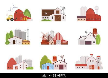 Collection of rural farm buildings with barns, silos, windmills, tractors, and storage structures in flat design, isolated on white background vector illustration Stock Vector