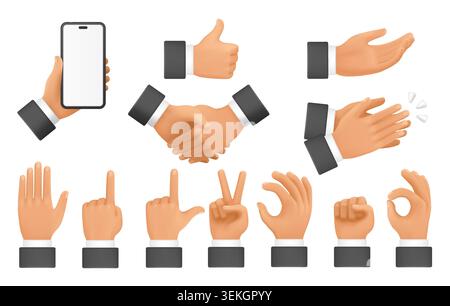 Collection of 3d hand gestures with smartphone, thumbs up, handshake, clap, open palm, pointing finger, peace sign, fist and okay symbol isolated on white background vector illustration Stock Vector