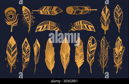 Collection of ornate tribal feathers with boho and ethnic patterns in golden tones on dark background, ideal for tattoo, logo, poster, craft, and design use vector illustration Stock Vector