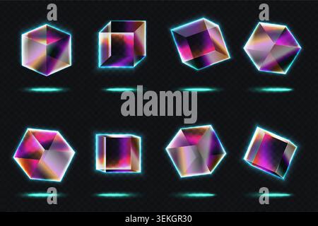 Set of glowing transparent realistic neon cubes and polygon shapes with cold light edges, holographic gradients, and futuristic glass effect on dark background vector illustration Stock Vector